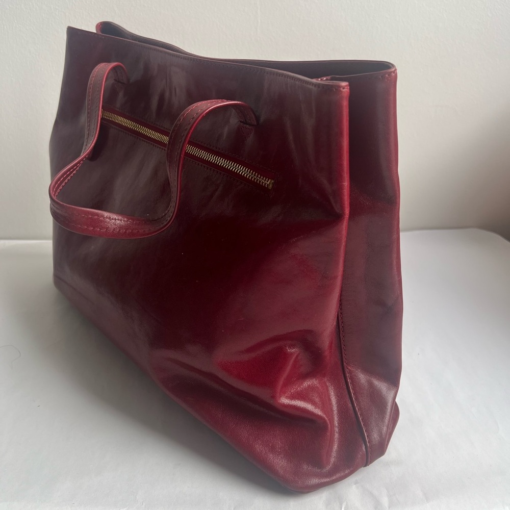 Vintage 90s Y2K Oxblood Leather Tote‎ Bag Structured Patina Minimalist Work Bag - Picture 3 of 14